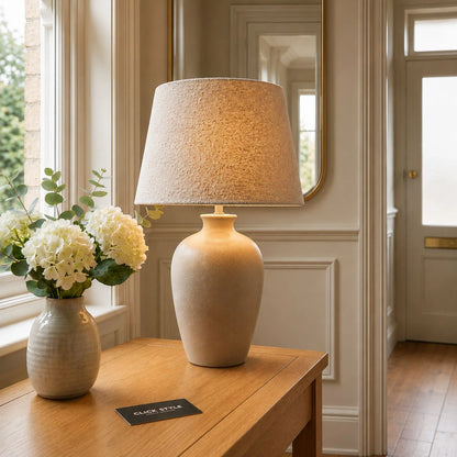 Beige Taupe Bouclé Tapered Lampshade with Teddy Textured Fabric on Ceramic Table Lamp 40cm 16in | Click Style