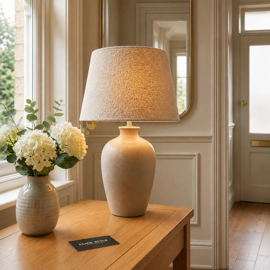Beige Taupe Bouclé Tapered Lampshade with Teddy Textured Fabric on Ceramic Table Lamp 40cm 16in | Click Style
