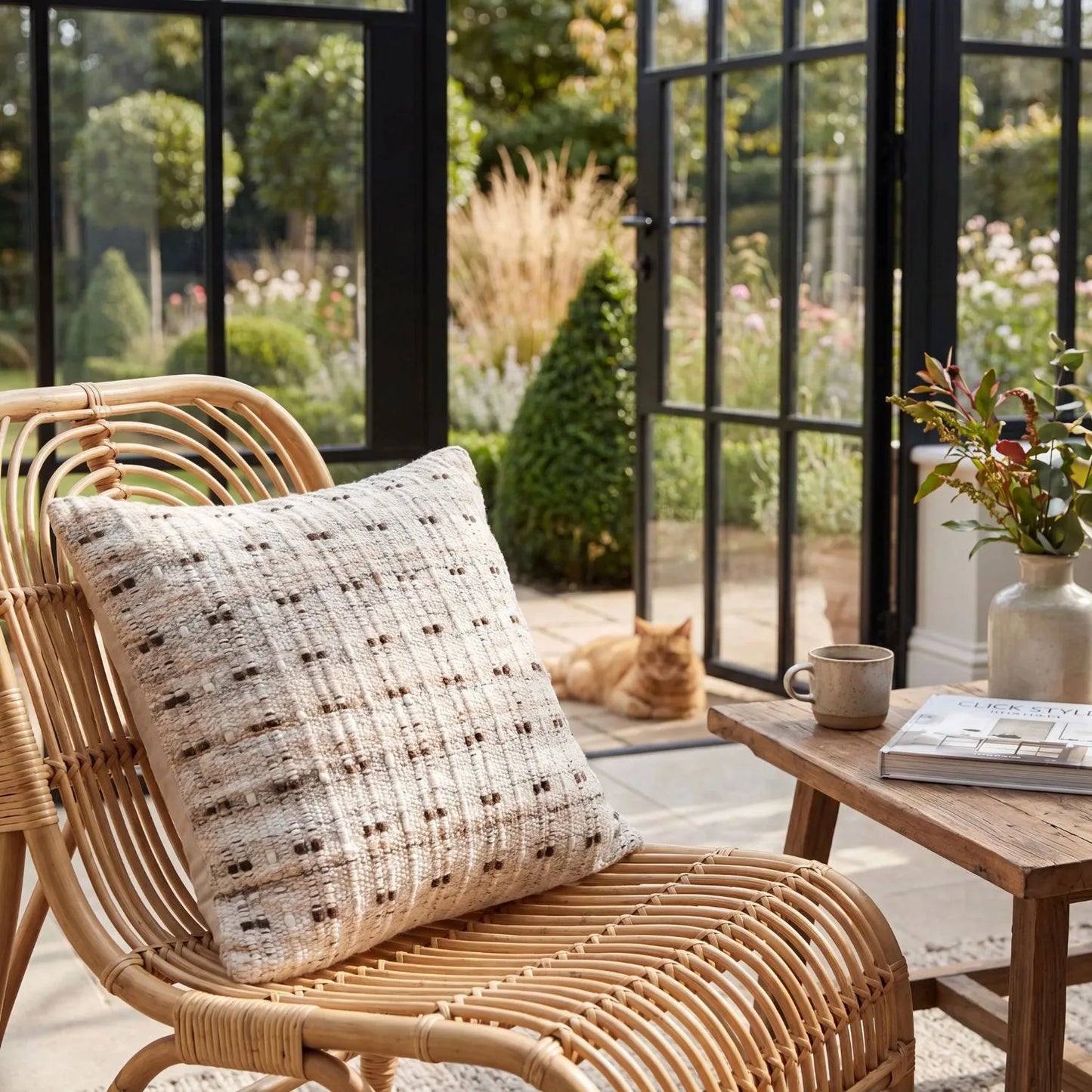Beige & Brown Square Indoor Outdoor Cushion with Textured Woven Detailing – Recycled Weather-Resistant & Durable 45x45x10cm | Textured Woven Scatter Cushion for Patios Conservatories Garden Furniture & Indoor Living | Click Style