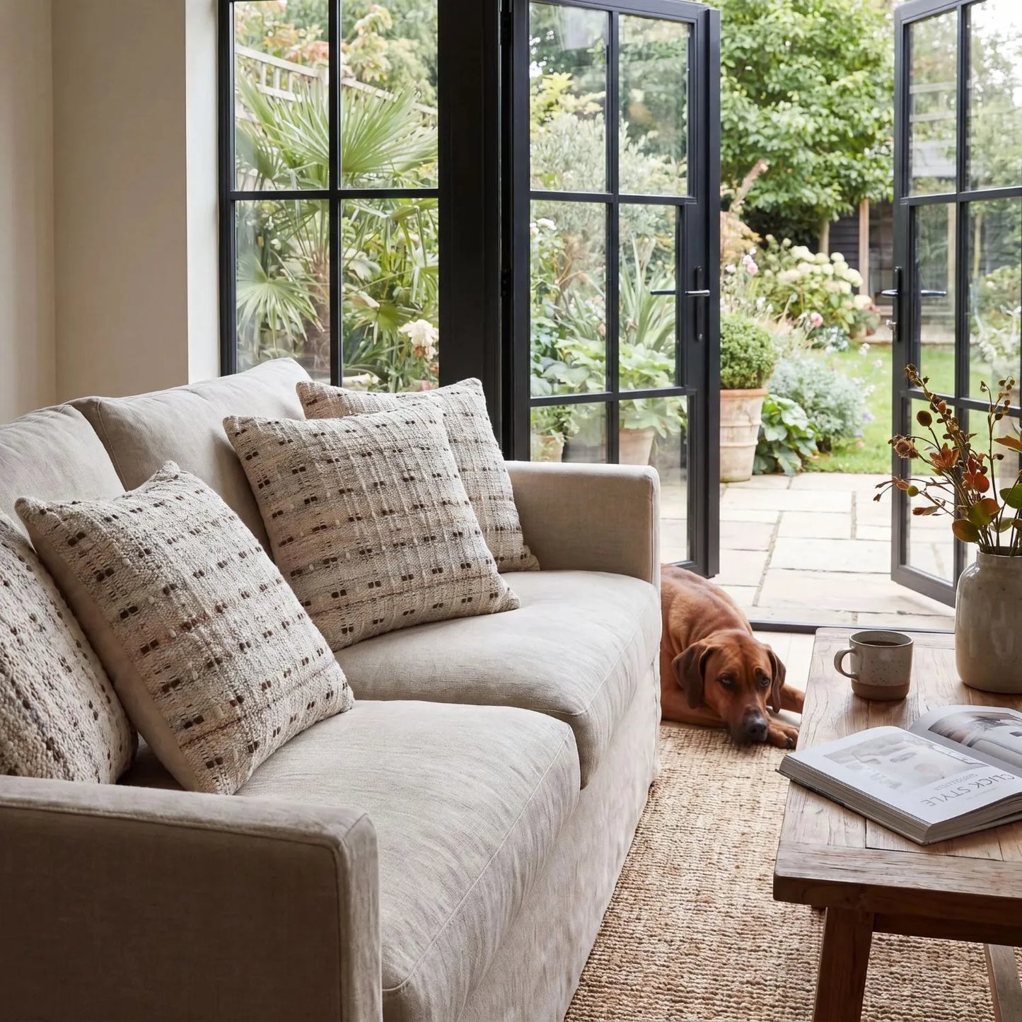 Beige & Brown Square Indoor Outdoor Cushion with Textured Woven Detailing – Recycled Weather-Resistant & Durable 45x45x10cm | Textured Woven Scatter Cushion for Patios Conservatories Garden Furniture & Indoor Living | Click Style
