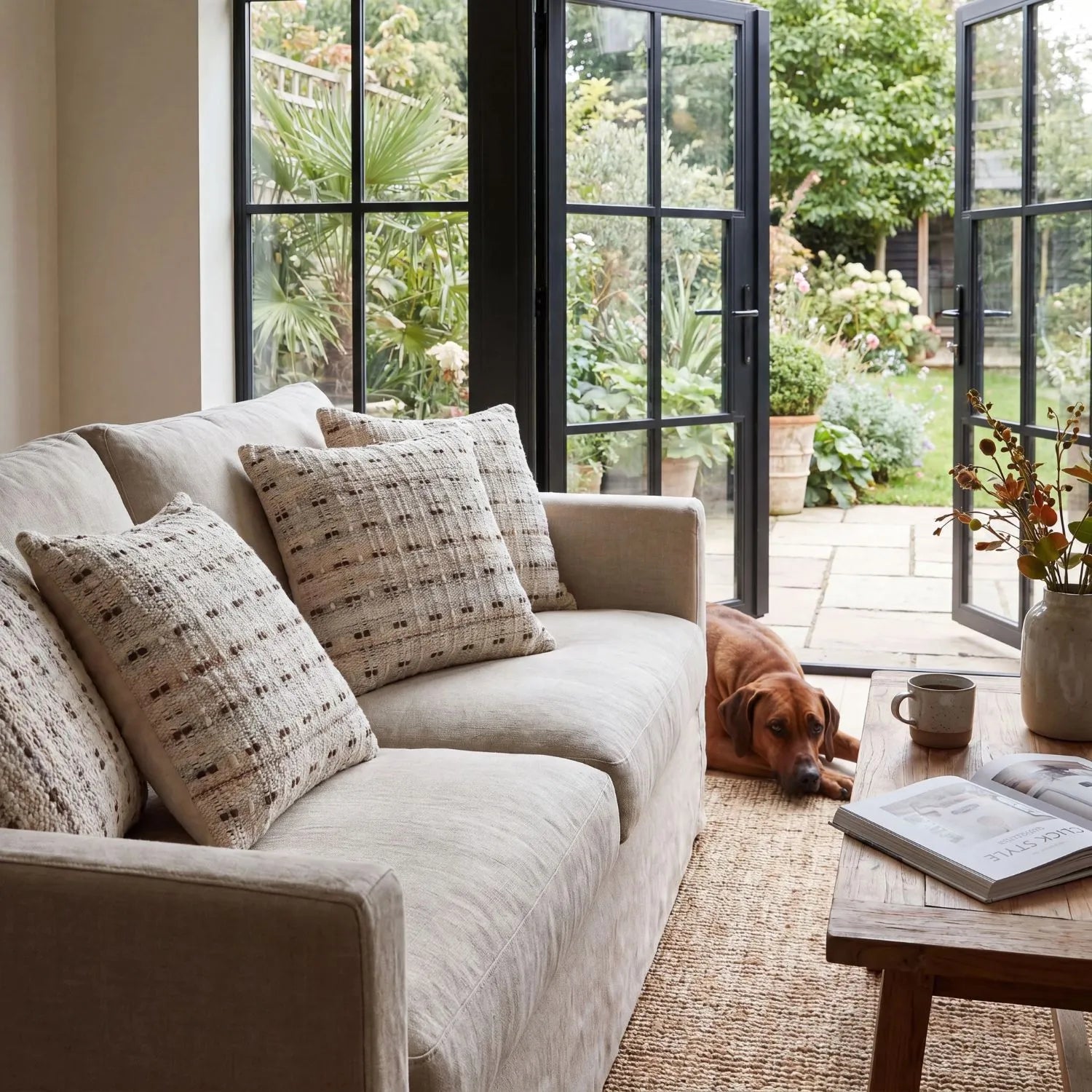 Beige & Brown Square Indoor Outdoor Cushion with Textured Woven Detailing – Recycled Weather-Resistant & Durable 45x45x10cm | Textured Woven Scatter Cushion for Patios Conservatories Garden Furniture & Indoor Living | Click Style
