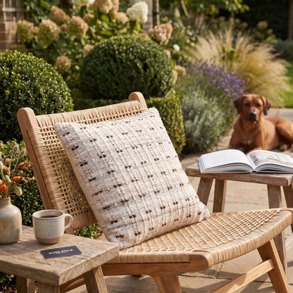 Beige & Brown Square Indoor Outdoor Cushion with Textured Woven Detailing – Recycled Weather-Resistant & Durable 45x45x10cm | Textured Woven Scatter Cushion for Patios Conservatories Garden Furniture & Indoor Living | Click Style