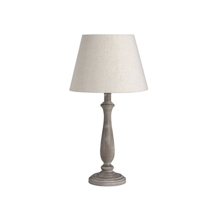 Beige & Brown Rustic Candlestick Table Lamp with Distressed Wooden Base & Tapered Linen Shade 53x25cm - Click Style