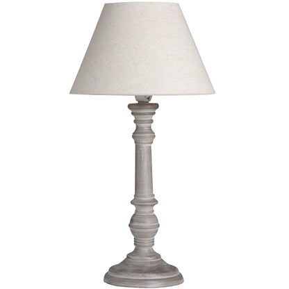 Beige & Grey Rustic Candlestick Table Lamp - Distressed Wood Base with Light Linen Shade 38x20cm - Click Style