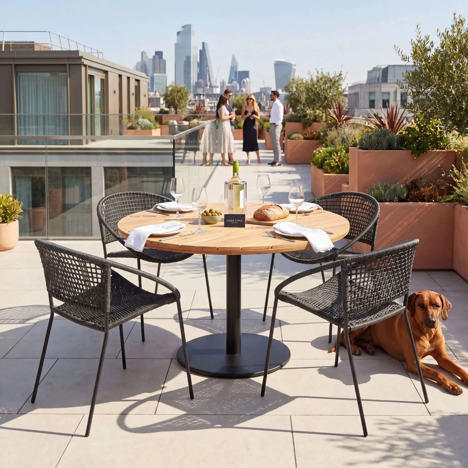 Black 4-Seater Outdoor Rope Garden Dining Set with Acacia Wood Table & Powder-Coated Aluminium Chairs 73x120x120cm – contemporary outdoor dining furniture with hand-woven black polyrope chairs, round slatted teak-effect acacia wood tabletop with integrated parasol hole, powder-coated aluminium pedestal base, weather-resistant and rust-resistant materials for patios, terraces, courtyards and modern UK gardens | Click Style