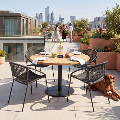 Black 4-Seater Outdoor Rope Garden Dining Set with Acacia Wood Table & Powder-Coated Aluminium Chairs 73x120x120cm – contemporary outdoor dining furniture with hand-woven black polyrope chairs, round slatted teak-effect acacia wood tabletop with integrated parasol hole, powder-coated aluminium pedestal base, weather-resistant and rust-resistant materials for patios, terraces, courtyards and modern UK gardens | Click Style