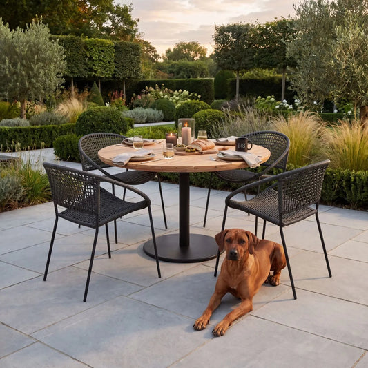 Black 4-Seater Outdoor Rope Garden Dining Set with Acacia Wood Table & Powder-Coated Aluminium Chairs 73x120x120cm – contemporary outdoor dining furniture with hand-woven black polyrope chairs, round slatted teak-effect acacia wood tabletop with integrated parasol hole, powder-coated aluminium pedestal base, weather-resistant and rust-resistant materials for patios, terraces, courtyards and modern UK gardens | Click Style