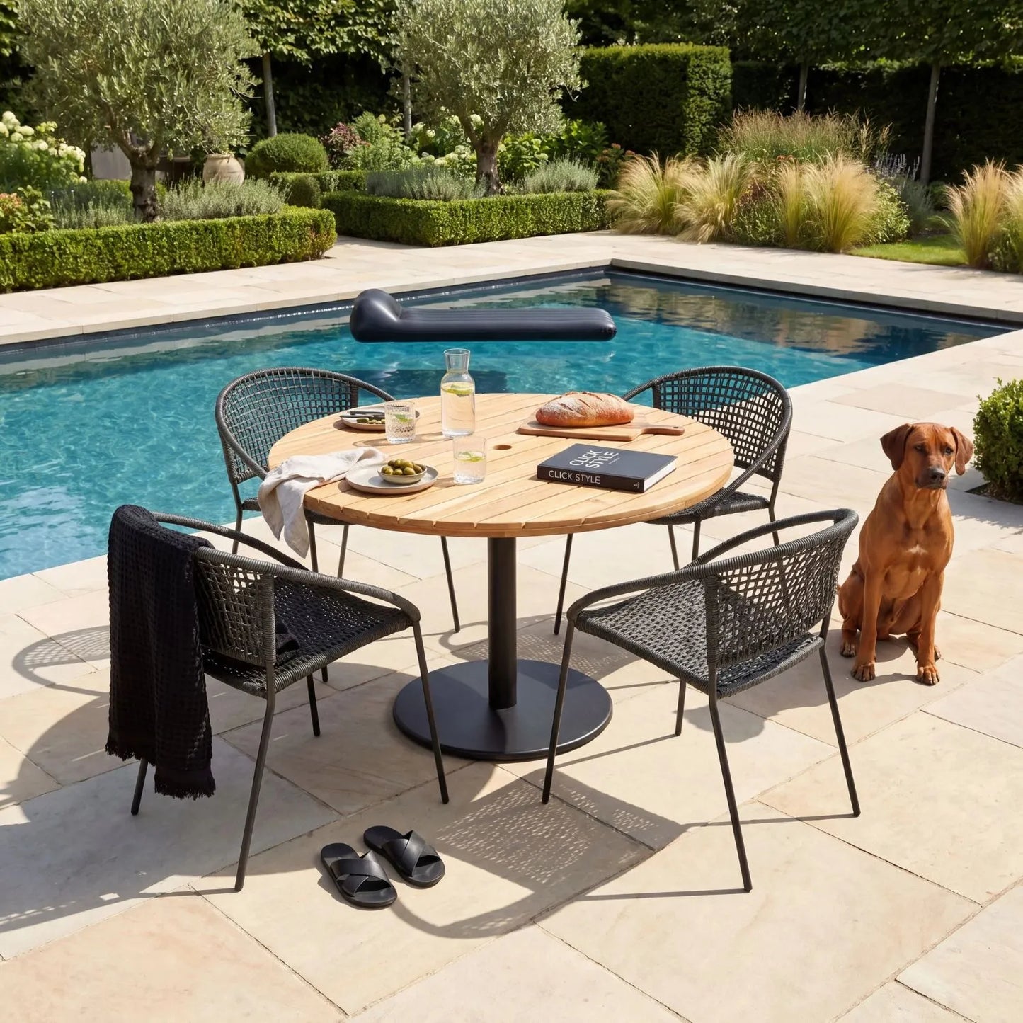 Black 4-Seater Outdoor Rope Garden Dining Set with Acacia Wood Table & Powder-Coated Aluminium Chairs 73x120x120cm – contemporary outdoor dining furniture with hand-woven black polyrope chairs, round slatted teak-effect acacia wood tabletop with integrated parasol hole, powder-coated aluminium pedestal base, weather-resistant and rust-resistant materials for patios, terraces, courtyards and modern UK gardens | Click Style