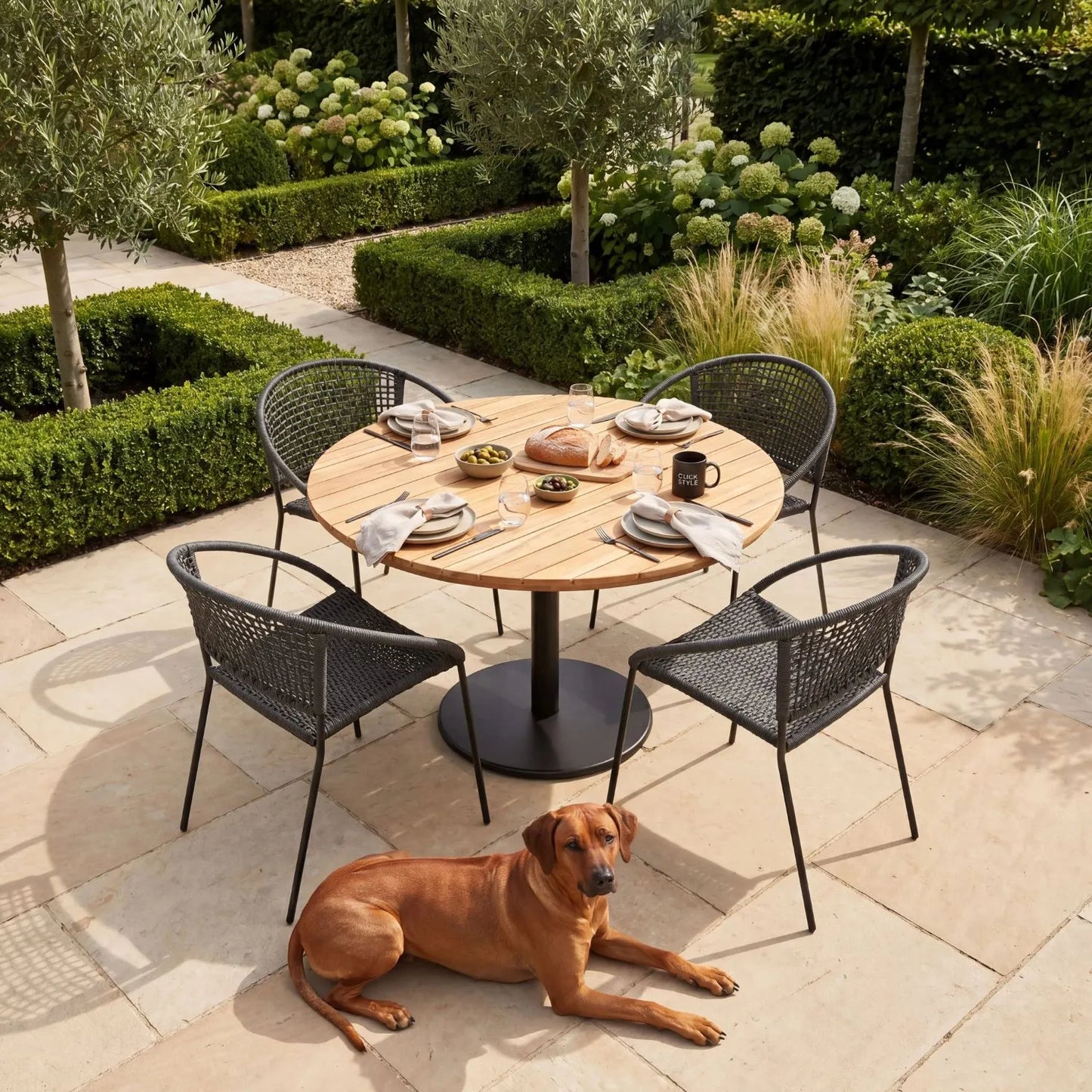 Black 4-Seater Outdoor Rope Garden Dining Set with Acacia Wood Table & Powder-Coated Aluminium Chairs 73x120x120cm – contemporary outdoor dining furniture with hand-woven black polyrope chairs, round slatted teak-effect acacia wood tabletop with integrated parasol hole, powder-coated aluminium pedestal base, weather-resistant and rust-resistant materials for patios, terraces, courtyards and modern UK gardens | Click Style