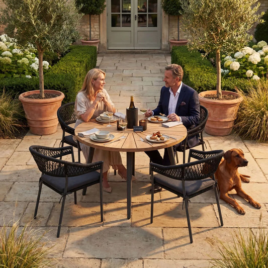 Black 4-Seater Outdoor Rope Garden Dining Set with Cushions – Round Acacia Wood Table & Powder-Coated Aluminium Chairs 77x120x120cm – contemporary black rope garden dining set with woven outdoor chairs, light teak-effect acacia wood tabletop, season-proof cushions, powder-coated aluminium frame and luxury patio furniture styling for terraces, courtyards and alfresco outdoor living | Click Style