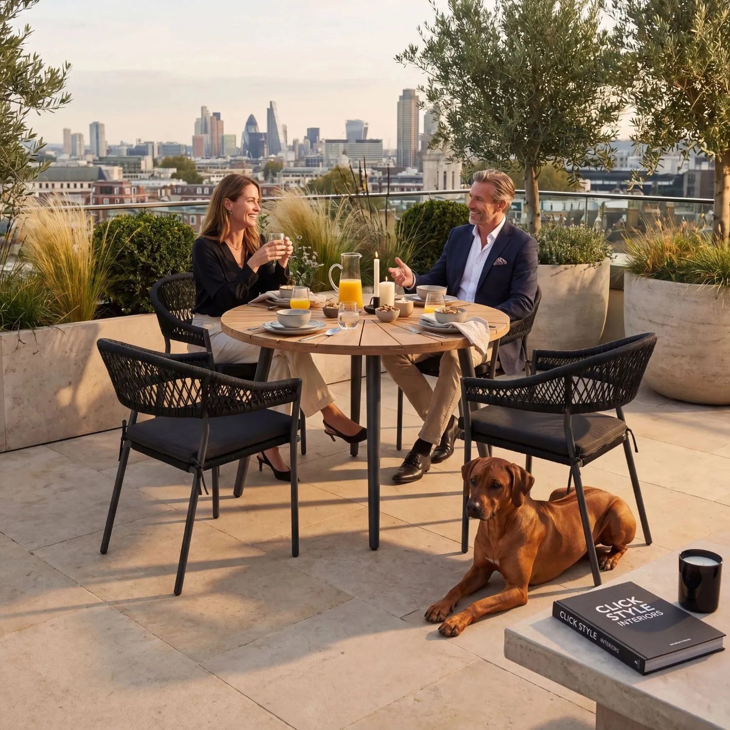 Black 4-Seater Outdoor Rope Garden Dining Set with Cushions – Round Acacia Wood Table & Powder-Coated Aluminium Chairs 77x120x120cm – contemporary black rope garden dining set with woven outdoor chairs, light teak-effect acacia wood tabletop, season-proof cushions, powder-coated aluminium frame and luxury patio furniture styling for terraces, courtyards and alfresco outdoor living | Click Style