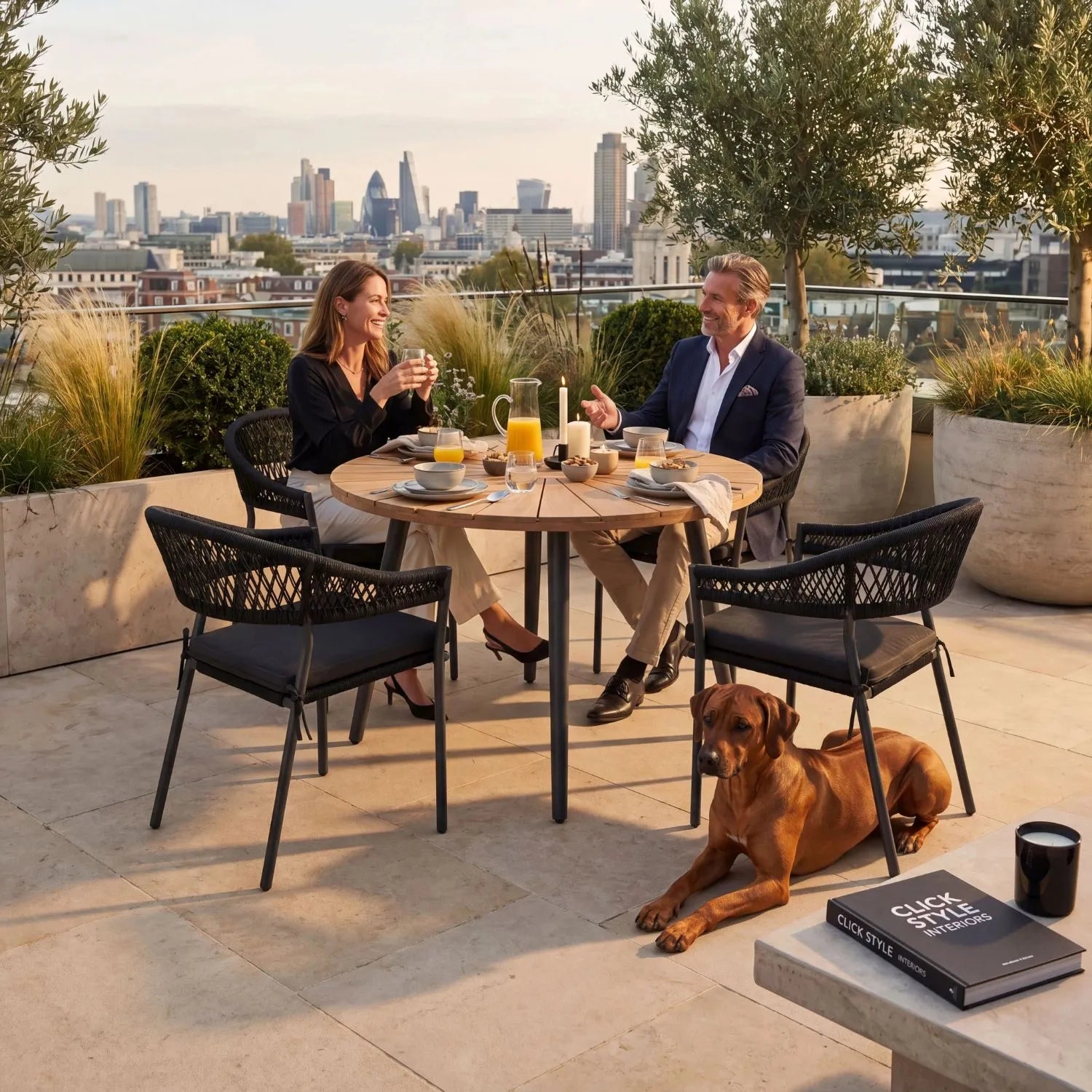 Black 4-Seater Outdoor Rope Garden Dining Set with Cushions – Round Acacia Wood Table & Powder-Coated Aluminium Chairs 77x120x120cm – contemporary black rope garden dining set with woven outdoor chairs, light teak-effect acacia wood tabletop, season-proof cushions, powder-coated aluminium frame and luxury patio furniture styling for terraces, courtyards and alfresco outdoor living | Click Style