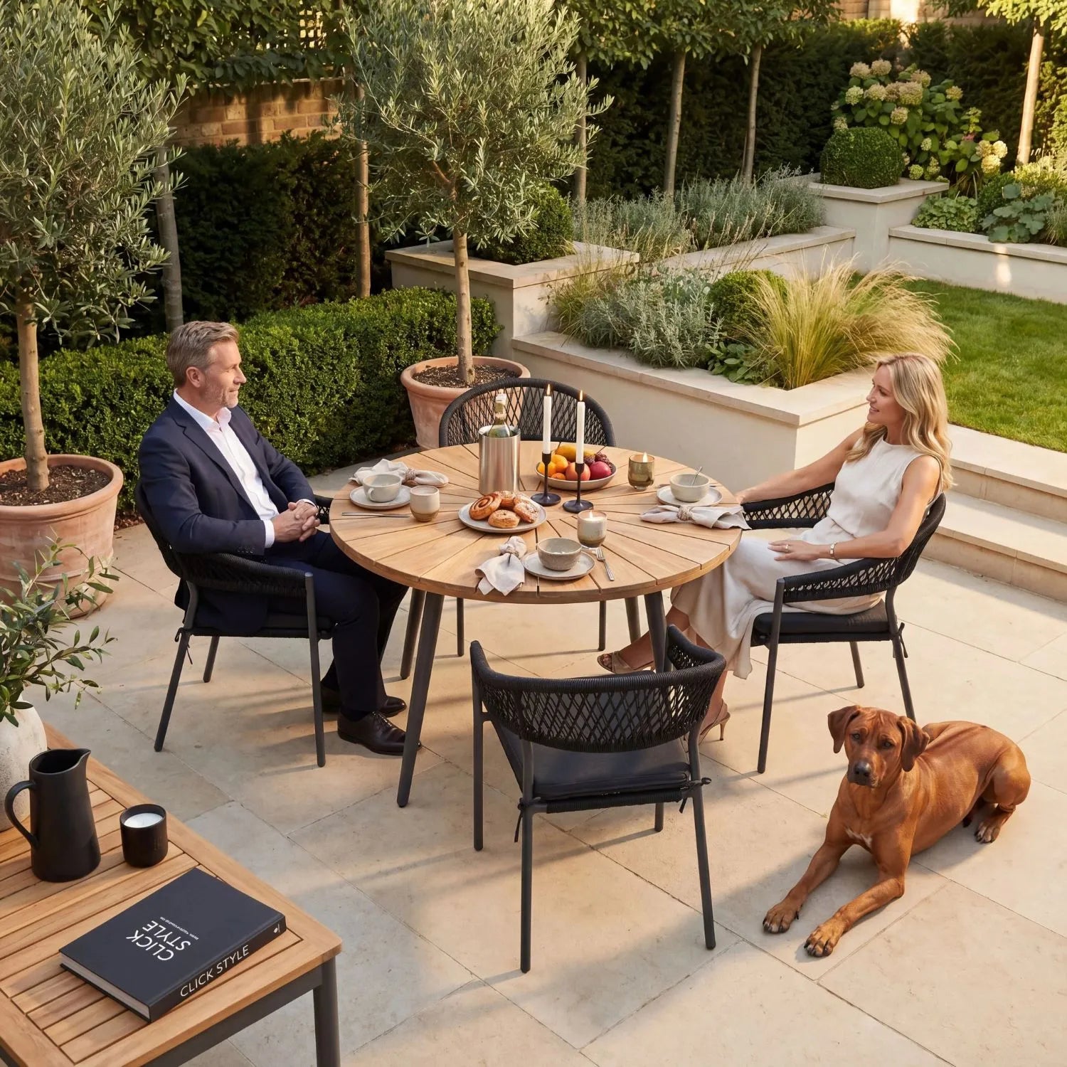 Black 4-Seater Outdoor Rope Garden Dining Set with Cushions – Round Acacia Wood Table & Powder-Coated Aluminium Chairs 77x120x120cm – contemporary black rope garden dining set with woven outdoor chairs, light teak-effect acacia wood tabletop, season-proof cushions, powder-coated aluminium frame and luxury patio furniture styling for terraces, courtyards and alfresco outdoor living | Click Style