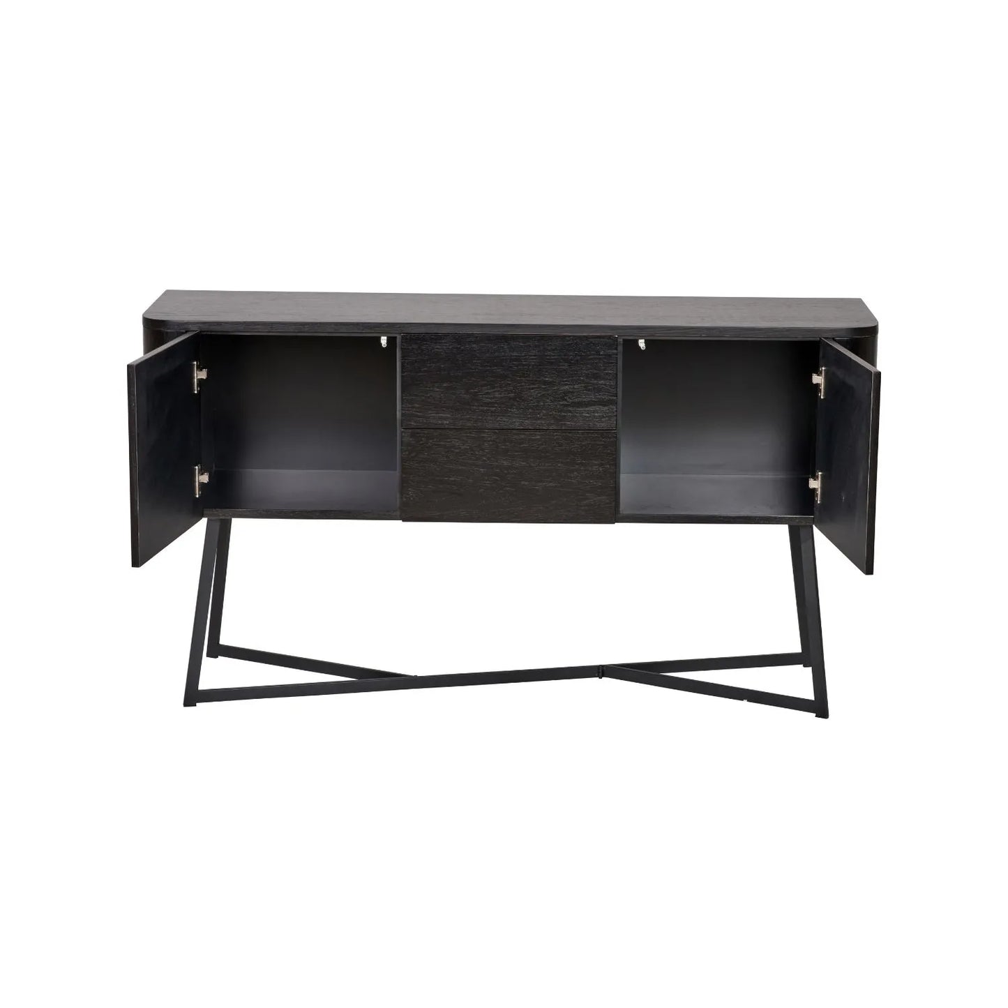 Black Ash Veneer Handle-Free 2 Door 2 Drawer Sideboard with Smooth-Running Drawer Runners & Tapered Black Metal Legs – Scandinavian Style Wooden Storage Cabinet 76x129x40cm | Click Style