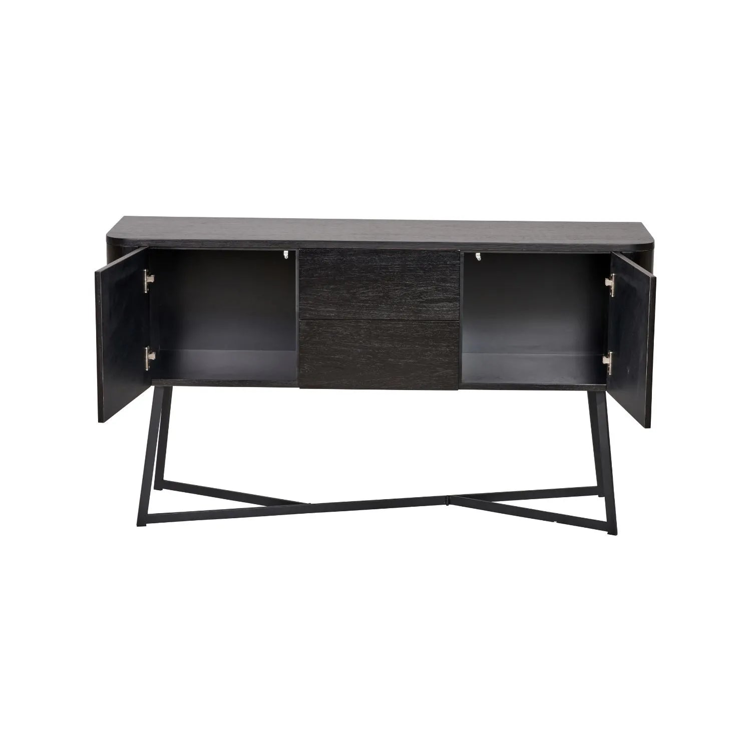 Black Ash Veneer Handle-Free 2 Door 2 Drawer Sideboard with Smooth-Running Drawer Runners & Tapered Black Metal Legs – Scandinavian Style Wooden Storage Cabinet 76x129x40cm | Click Style