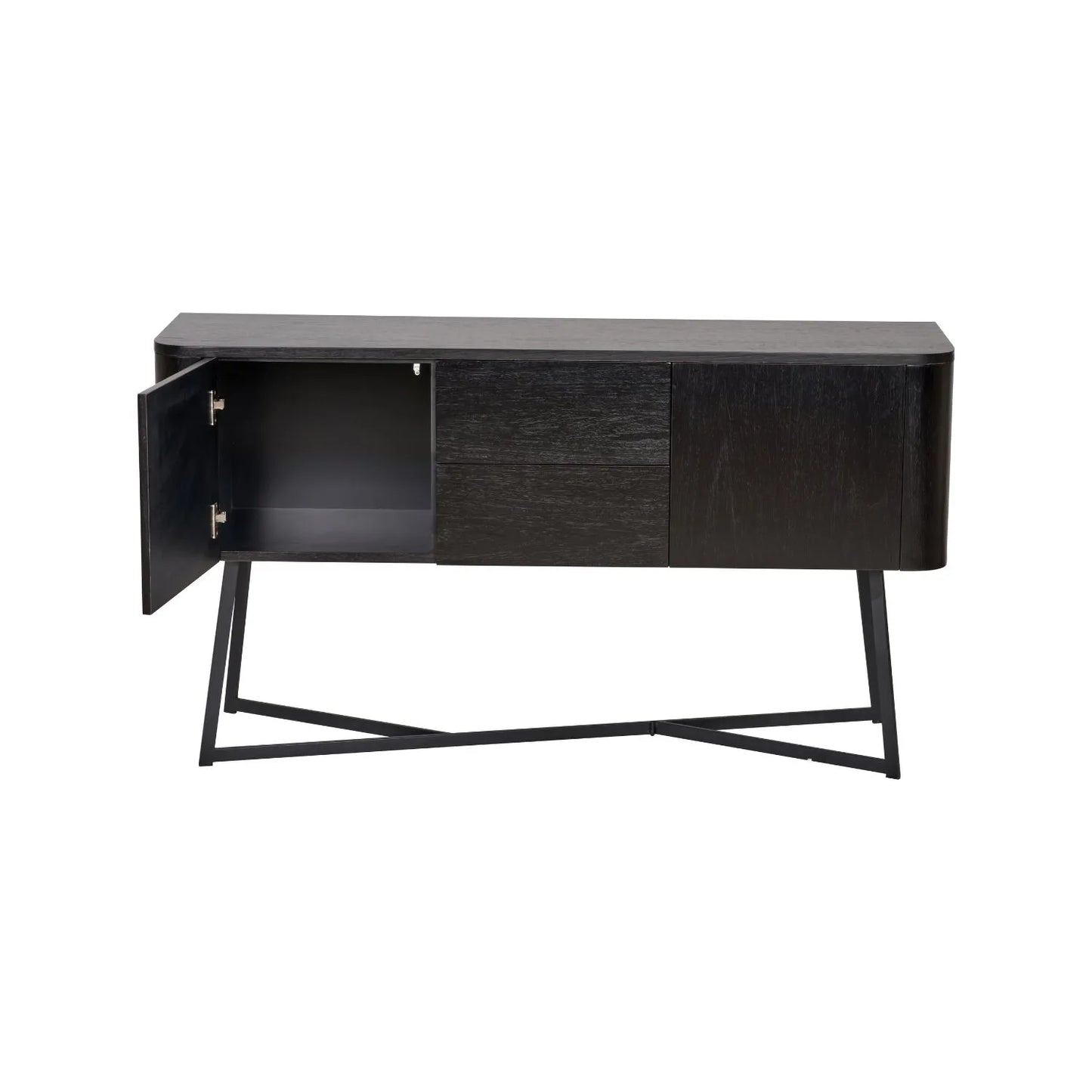 Black Ash Veneer Handle-Free 2 Door 2 Drawer Sideboard with Smooth-Running Drawer Runners & Tapered Black Metal Legs – Scandinavian Style Wooden Storage Cabinet 76x129x40cm | Click Style