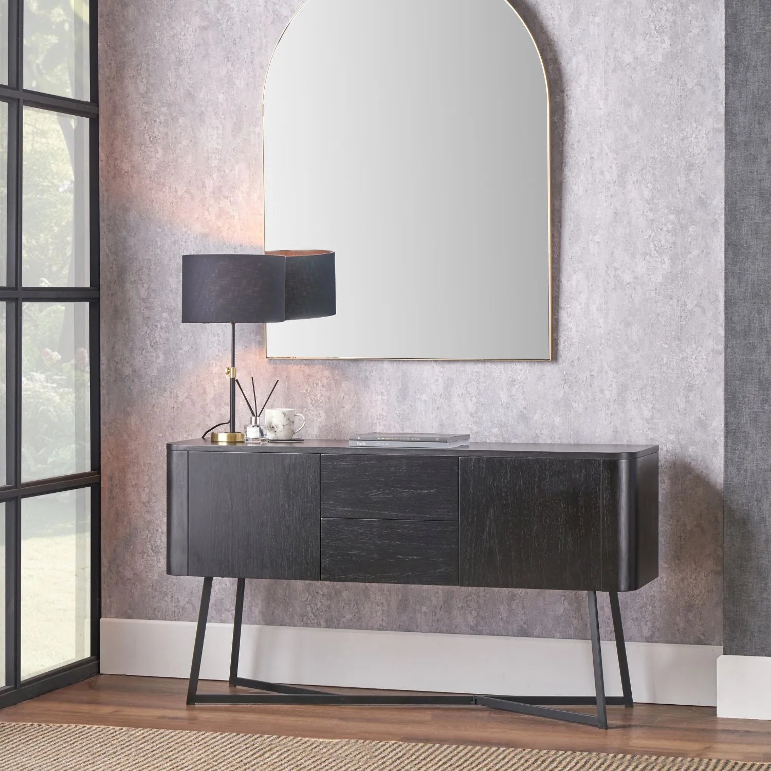 Black Ash Veneer Handle-Free 2 Door 2 Drawer Sideboard with Smooth-Running Drawer Runners & Tapered Black Metal Legs – Scandinavian Style Wooden Storage Cabinet 76x129x40cm | Click Style