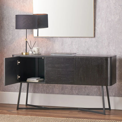 Black Ash Veneer Handle-Free 2 Door 2 Drawer Sideboard with Smooth-Running Drawer Runners & Tapered Black Metal Legs – Scandinavian Style Wooden Storage Cabinet 76x129x40cm | Click Style