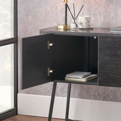 Black Ash Veneer Handle-Free 2 Door 2 Drawer Sideboard with Smooth-Running Drawer Runners & Tapered Black Metal Legs – Scandinavian Style Wooden Storage Cabinet 76x129x40cm | Click Style