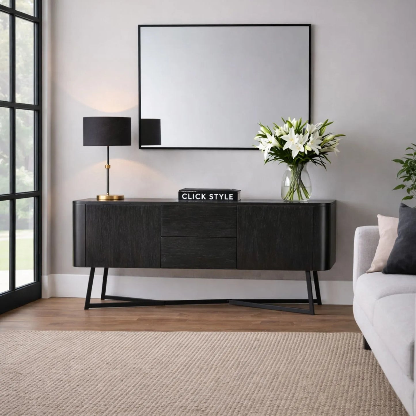 Black Ash Veneer Handle-Free 2 Door 2 Drawer Sideboard with Smooth-Running Drawer Runners & Tapered Black Metal Legs – Scandinavian Style Wooden Storage Cabinet 76x129x40cm | Click Style