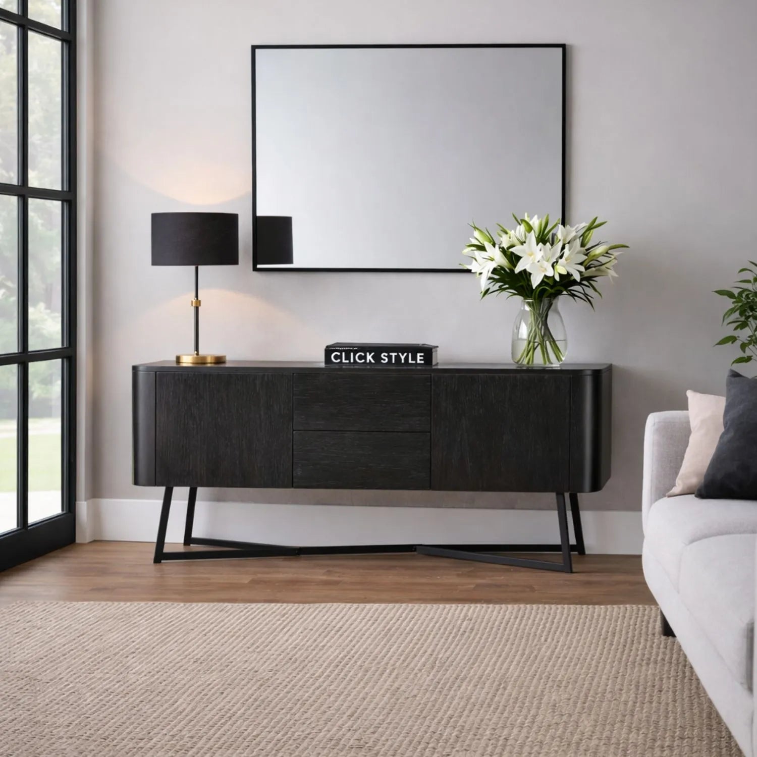 Black Ash Veneer Handle-Free 2 Door 2 Drawer Sideboard with Smooth-Running Drawer Runners & Tapered Black Metal Legs – Scandinavian Style Wooden Storage Cabinet 76x129x40cm | Click Style