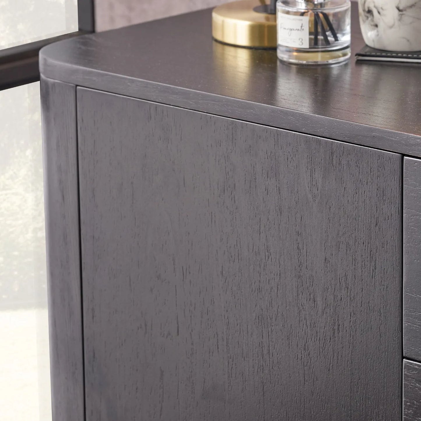 Black Ash Veneer Handle-Free 2 Door 2 Drawer Sideboard with Smooth-Running Drawer Runners & Tapered Black Metal Legs – Scandinavian Style Wooden Storage Cabinet 76x129x40cm | Click Style