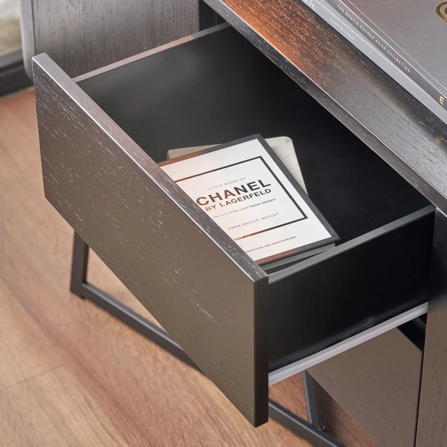 Black Ash Veneer Handle-Free 2 Door 2 Drawer Sideboard with Smooth-Running Drawer Runners & Tapered Black Metal Legs – Scandinavian Style Wooden Storage Cabinet 76x129x40cm | Click Style