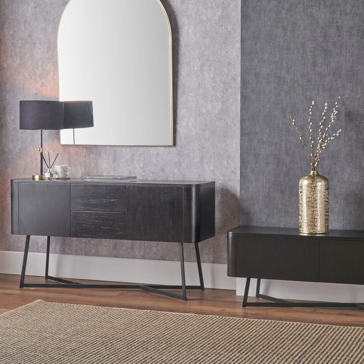 Black Ash Veneer Handle-Free 2 Door 2 Drawer Sideboard with Smooth-Running Drawer Runners & Tapered Black Metal Legs – Scandinavian Style Wooden Storage Cabinet 76x129x40cm | Click Style