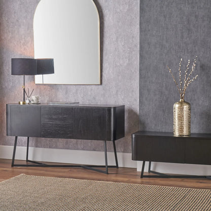 Black Ash Veneer Handle-Free 2 Door 2 Drawer Sideboard with Smooth-Running Drawer Runners & Tapered Black Metal Legs – Scandinavian Style Wooden Storage Cabinet 76x129x40cm | Click Style