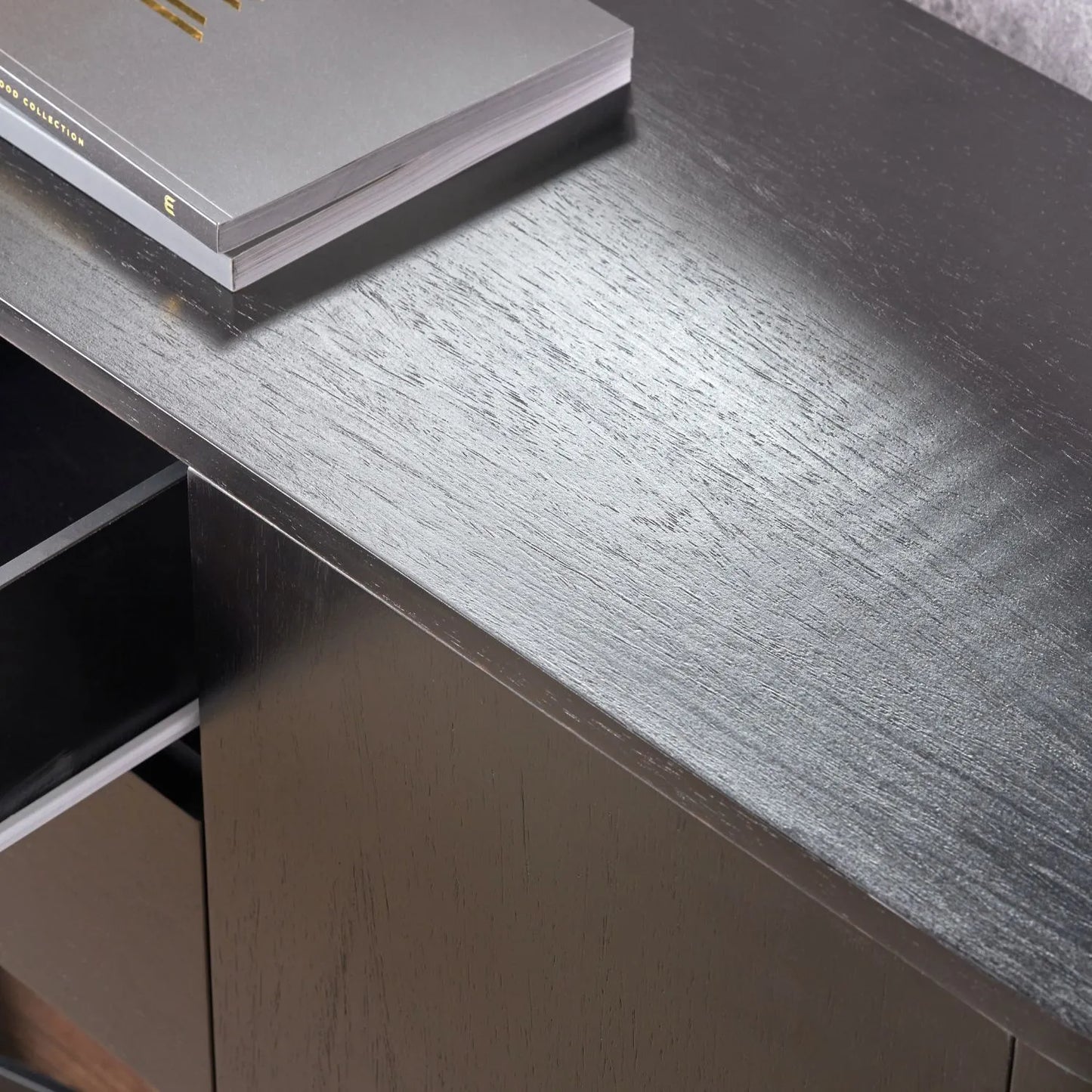 Black Ash Veneer Handle-Free 2 Door 2 Drawer Sideboard with Smooth-Running Drawer Runners & Tapered Black Metal Legs – Scandinavian Style Wooden Storage Cabinet 76x129x40cm | Click Style