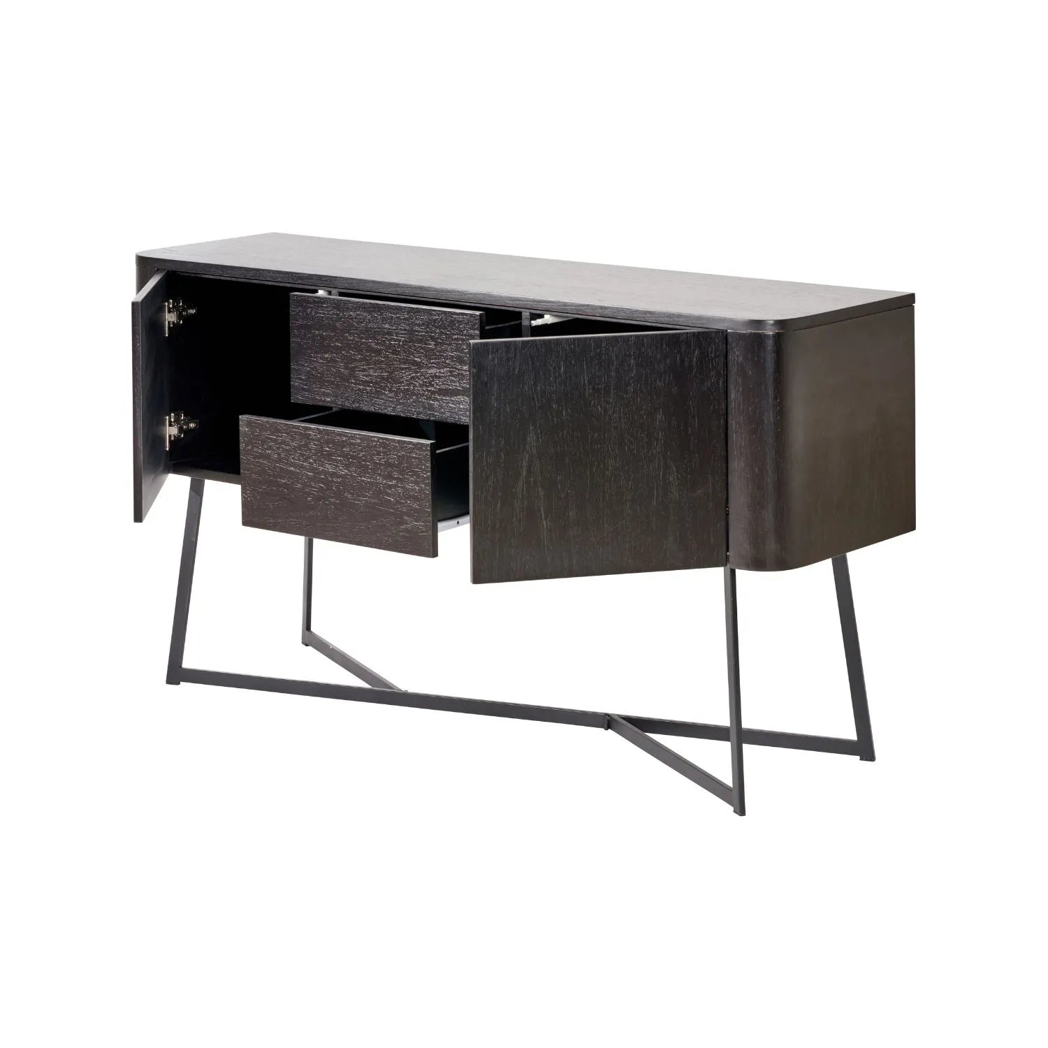 Black Ash Veneer Handle-Free 2 Door 2 Drawer Sideboard with Smooth-Running Drawer Runners & Tapered Black Metal Legs – Scandinavian Style Wooden Storage Cabinet 76x129x40cm | Click Style