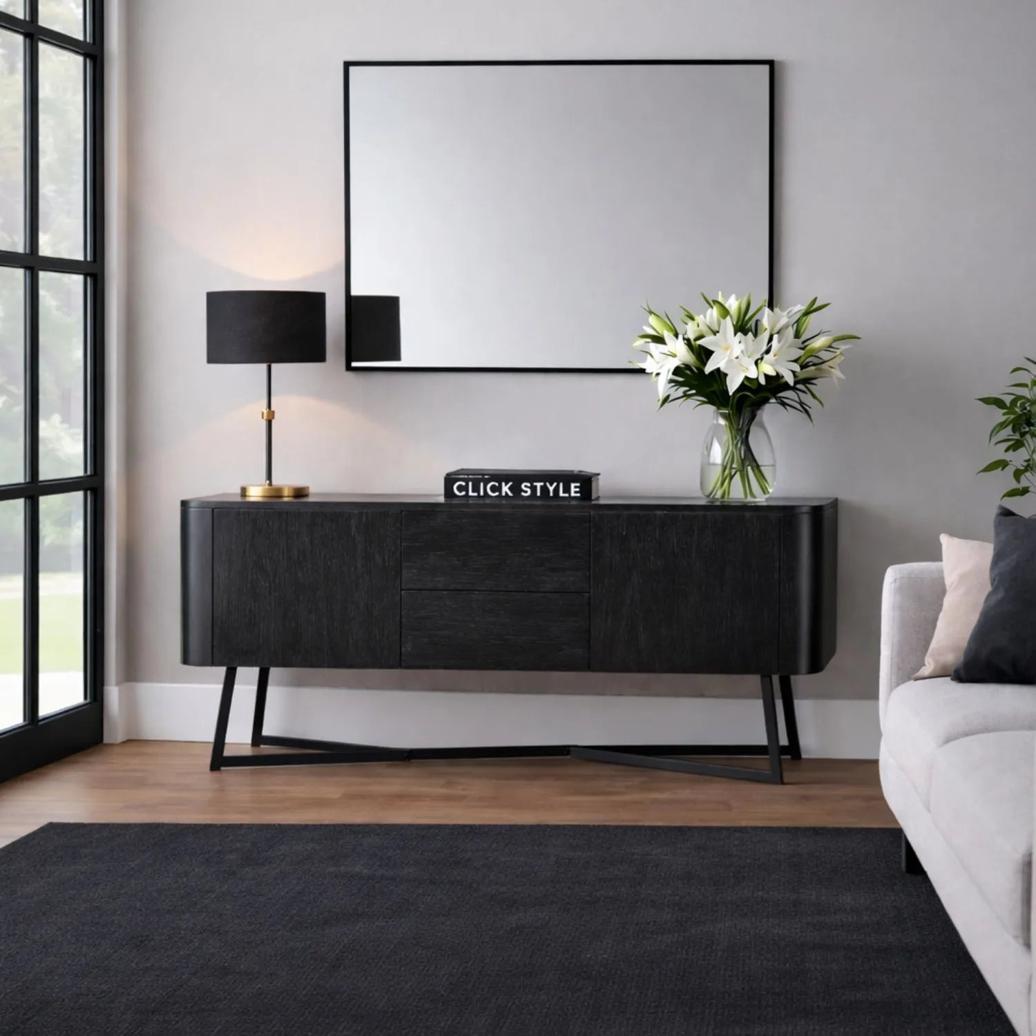 Black Ash Veneer Handle-Free 2 Door 2 Drawer Sideboard with Smooth-Running Drawer Runners & Tapered Black Metal Legs – Scandinavian Style Wooden Storage Cabinet 76x129x40cm | Click Style