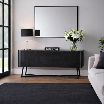 Black Ash Veneer Handle-Free 2 Door 2 Drawer Sideboard with Smooth-Running Drawer Runners & Tapered Black Metal Legs – Scandinavian Style Wooden Storage Cabinet 76x129x40cm | Click Style