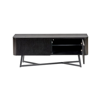 Black Ash Veneer 2 Door Low Sideboard with Internal Shelves, Curved Edges & Tapered Black Metal Legs – Scandinavian Style Wooden Storage Unit 47x120x34cm | Click Style