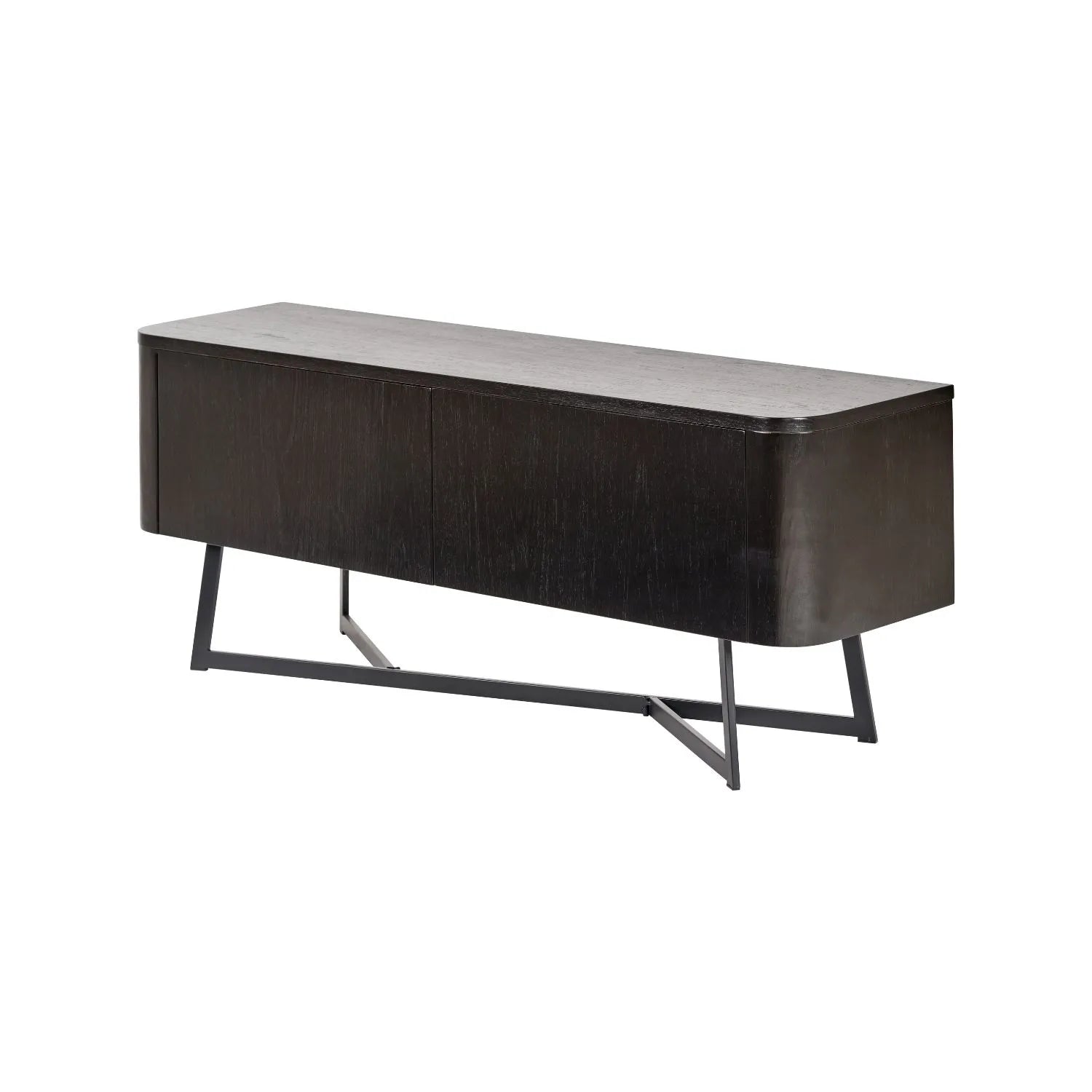 Black Ash Veneer 2 Door Low Sideboard with Internal Shelves, Curved Edges & Tapered Black Metal Legs – Scandinavian Style Wooden Storage Unit 47x120x34cm | Click Style