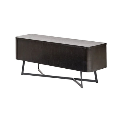 Black Ash Veneer 2 Door Low Sideboard with Internal Shelves, Curved Edges & Tapered Black Metal Legs – Scandinavian Style Wooden Storage Unit 47x120x34cm | Click Style