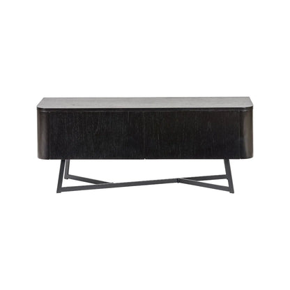 Black Ash Veneer 2 Door Low Sideboard with Internal Shelves, Curved Edges & Tapered Black Metal Legs – Scandinavian Style Wooden Storage Unit 47x120x34cm | Click Style