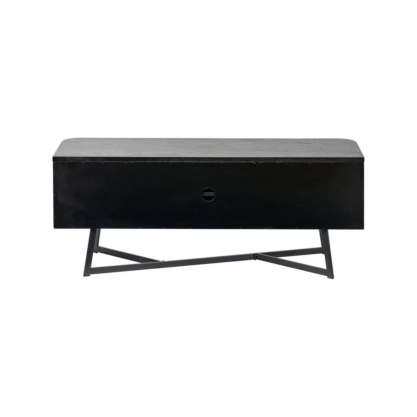 Black Ash Veneer 2 Door Low Sideboard with Internal Shelves, Curved Edges & Tapered Black Metal Legs – Scandinavian Style Wooden Storage Unit Back 47x120x34cm | Click Style