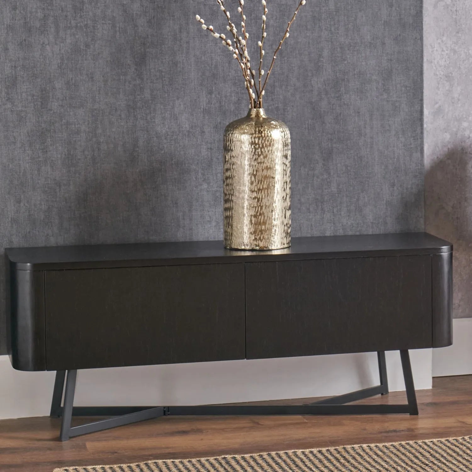 Black Ash Veneer 2 Door Low Sideboard with Internal Shelves, Curved Edges & Tapered Black Metal Legs – Scandinavian Style Wooden Storage Unit 47x120x34cm | Click Style