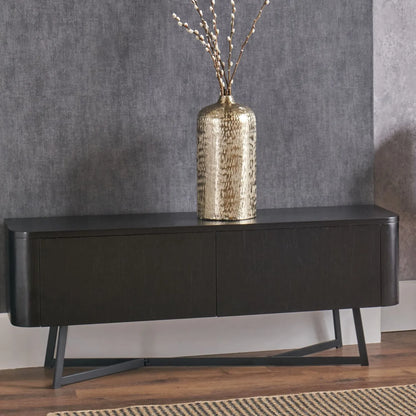 Black Ash Veneer 2 Door Low Sideboard with Internal Shelves, Curved Edges & Tapered Black Metal Legs – Scandinavian Style Wooden Storage Unit 47x120x34cm | Click Style