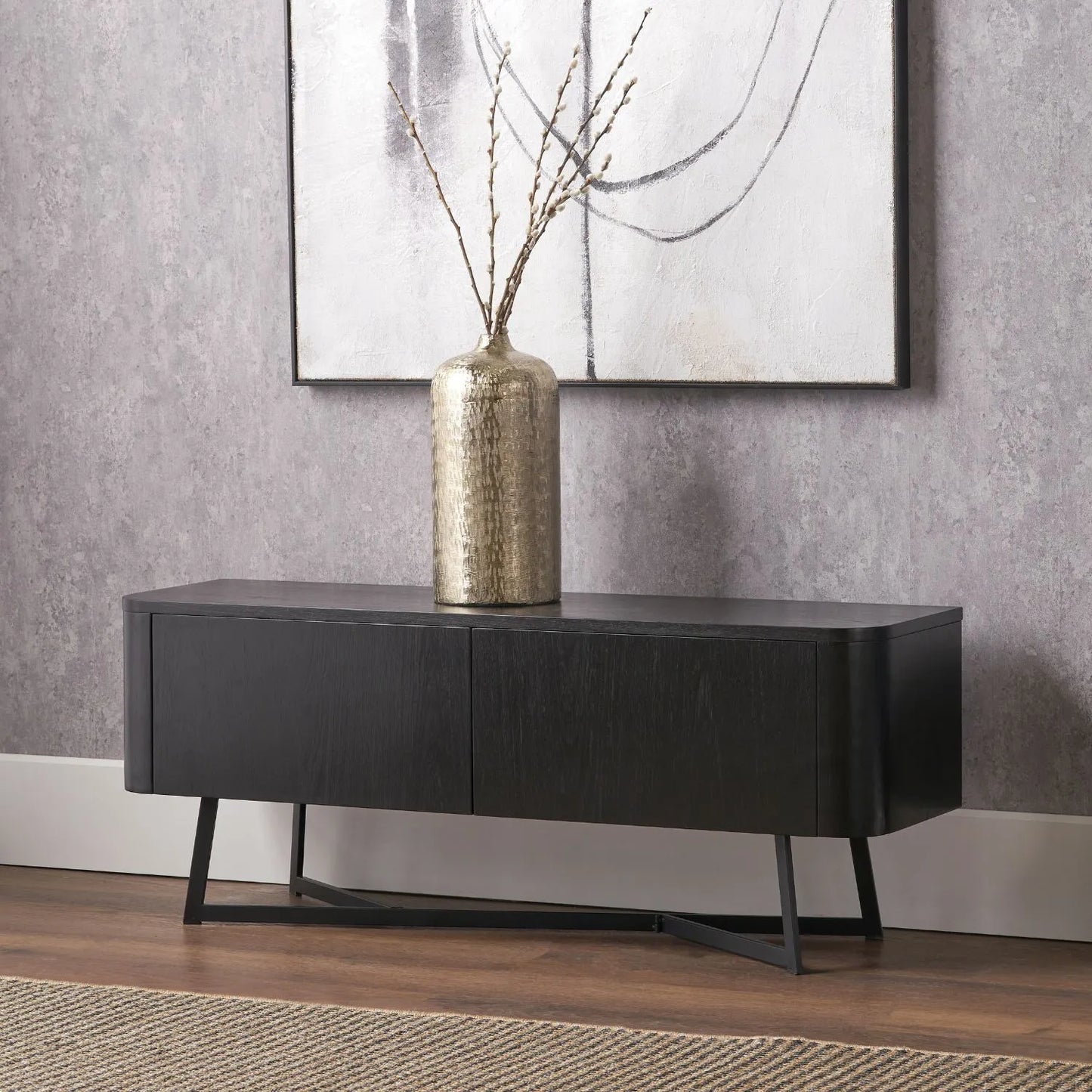 Black Ash Veneer 2 Door Low Sideboard with Internal Shelves, Curved Edges & Tapered Black Metal Legs – Scandinavian Style Wooden Storage Unit 47x120x34cm | Click Style