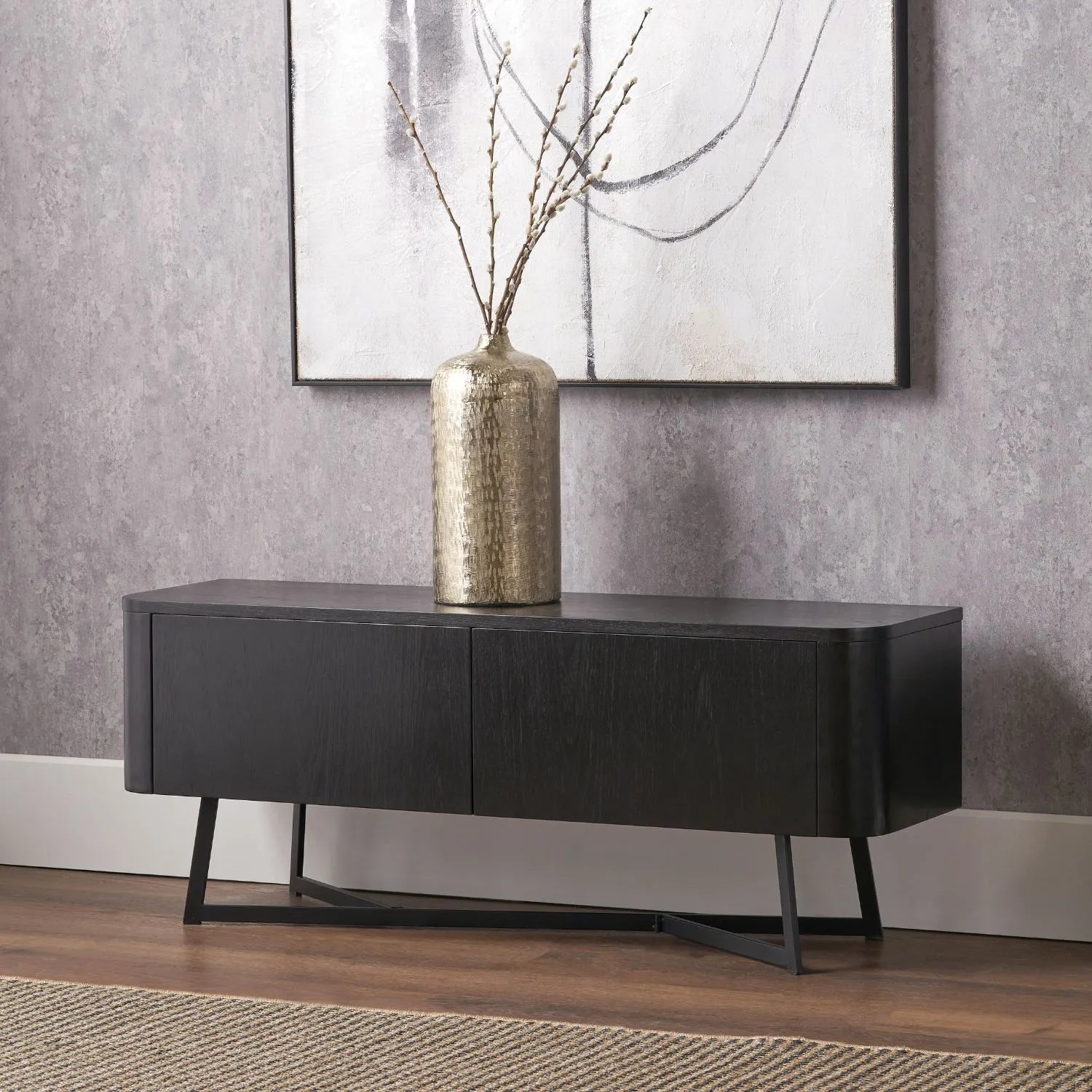 Black Ash Veneer 2 Door Low Sideboard with Internal Shelves, Curved Edges & Tapered Black Metal Legs – Scandinavian Style Wooden Storage Unit 47x120x34cm | Click Style