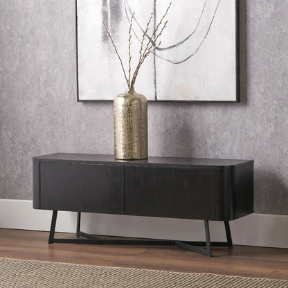 Black Ash Veneer 2 Door Low Sideboard with Internal Shelves, Curved Edges & Tapered Black Metal Legs – Scandinavian Style Wooden Storage Unit 47x120x34cm | Click Style