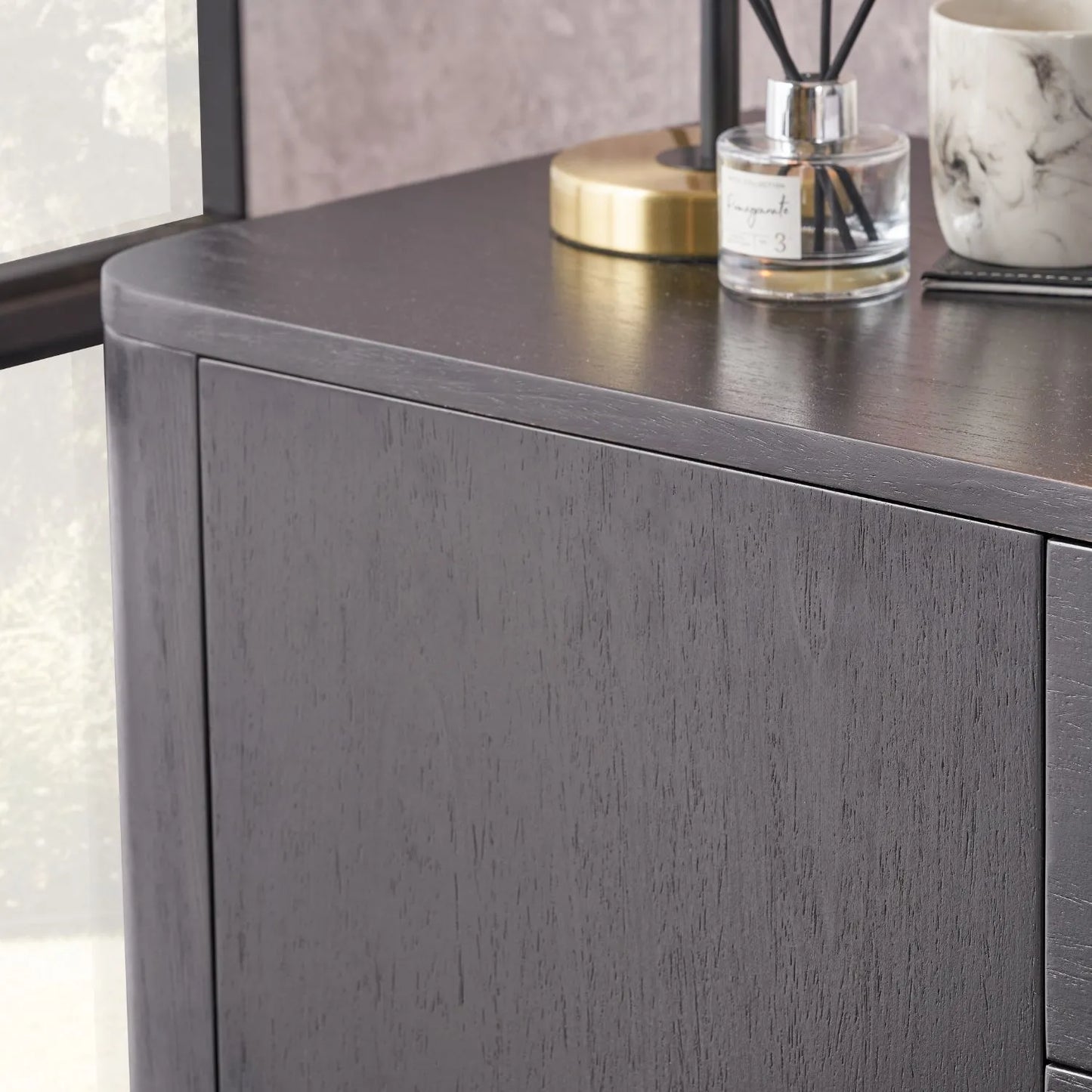 Black Ash Veneer 2 Door Low Sideboard with Internal Shelves, Curved Edges & Tapered Black Metal Legs – Scandinavian Style Wooden Storage Unit 47x120x34cm | Click Style