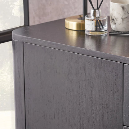 Black Ash Veneer 2 Door Low Sideboard with Internal Shelves, Curved Edges & Tapered Black Metal Legs – Scandinavian Style Wooden Storage Unit 47x120x34cm | Click Style