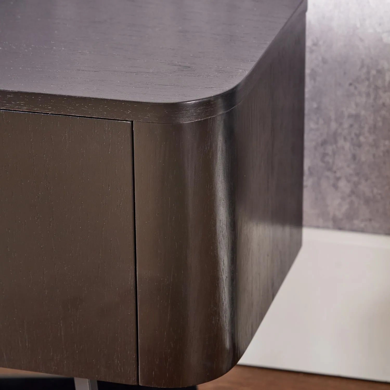 Black Ash Veneer 2 Door Low Sideboard with Internal Shelves, Curved Edges & Tapered Black Metal Legs – Scandinavian Style Wooden Storage Unit 47x120x34cm | Click Style