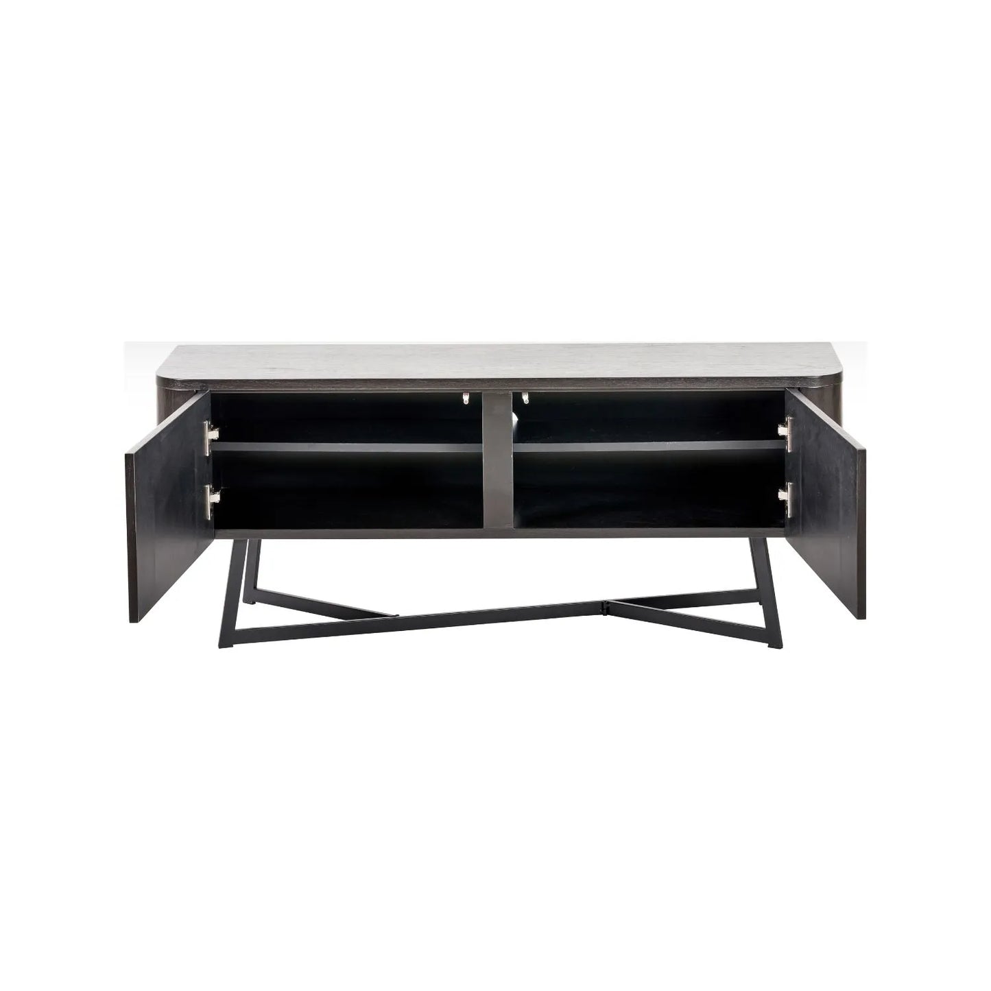 Black Ash Veneer 2 Door Low Sideboard with Internal Shelves, Curved Edges & Tapered Black Metal Legs – Scandinavian Style Wooden Storage Unit 47x120x34cm | Click Style