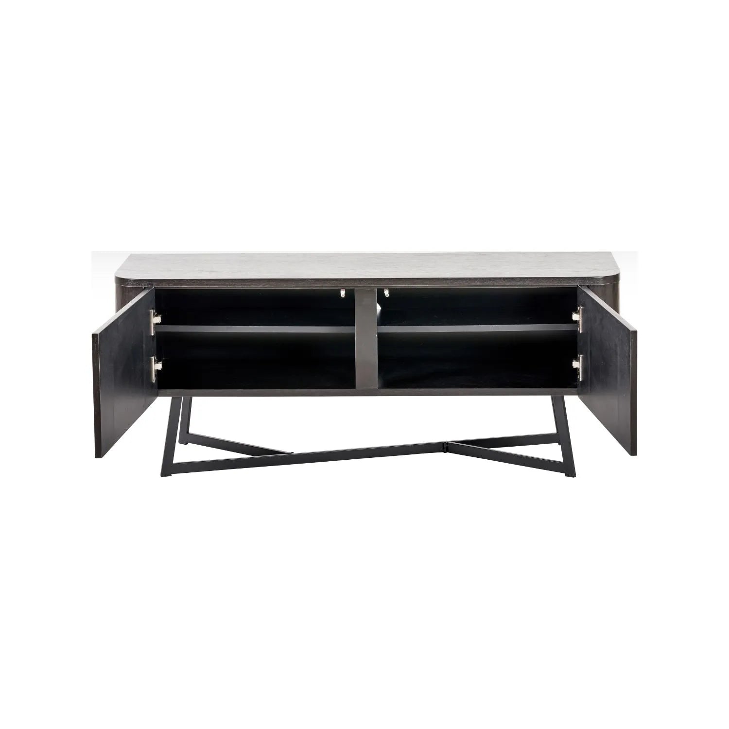 Black Ash Veneer 2 Door Low Sideboard with Internal Shelves, Curved Edges & Tapered Black Metal Legs – Scandinavian Style Wooden Storage Unit 47x120x34cm | Click Style