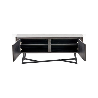 Black Ash Veneer 2 Door Low Sideboard with Internal Shelves, Curved Edges & Tapered Black Metal Legs – Scandinavian Style Wooden Storage Unit 47x120x34cm | Click Style