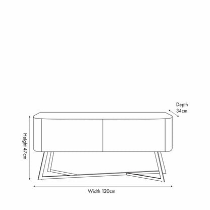 Black Ash Veneer 2 Door Low Sideboard with Internal Shelves, Curved Edges & Tapered Black Metal Legs – Scandinavian Style Wooden Storage Unit Dimensions 47x120x34cm | Click Style